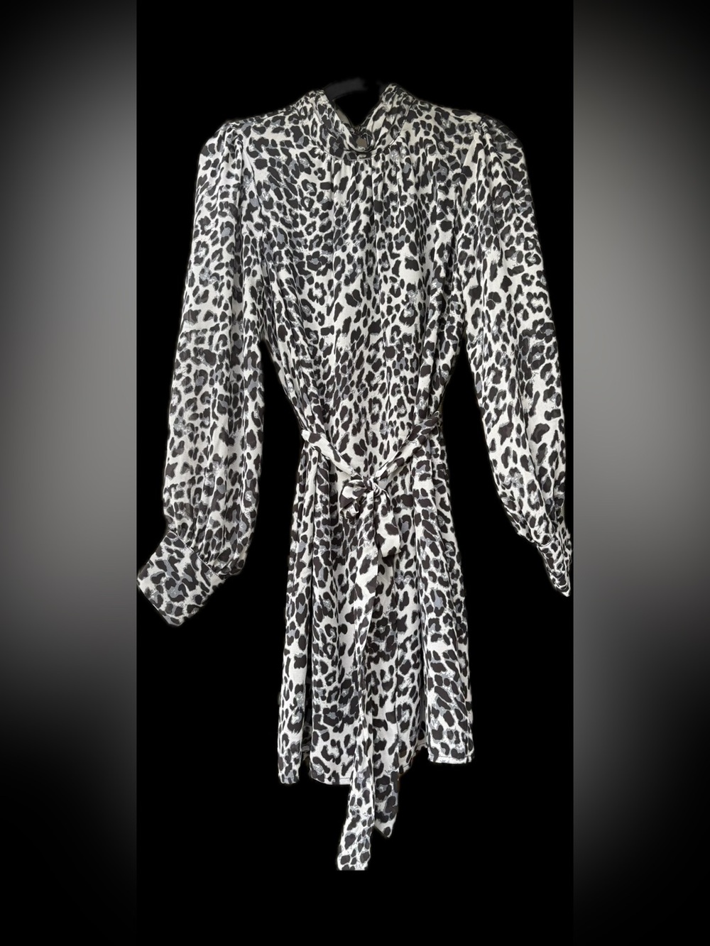 NWT SUGAR + LIPS MINI DRESS MEDIUM GRAY BLK ANIMAL PRINT LONG SLEEVE MOCK NECK